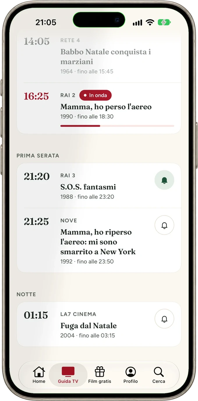La Guida TV di Film di Natale su iPhone, con il promemoria attivo per S.O.S. fantasmi alle 21:20 su Rai 3.