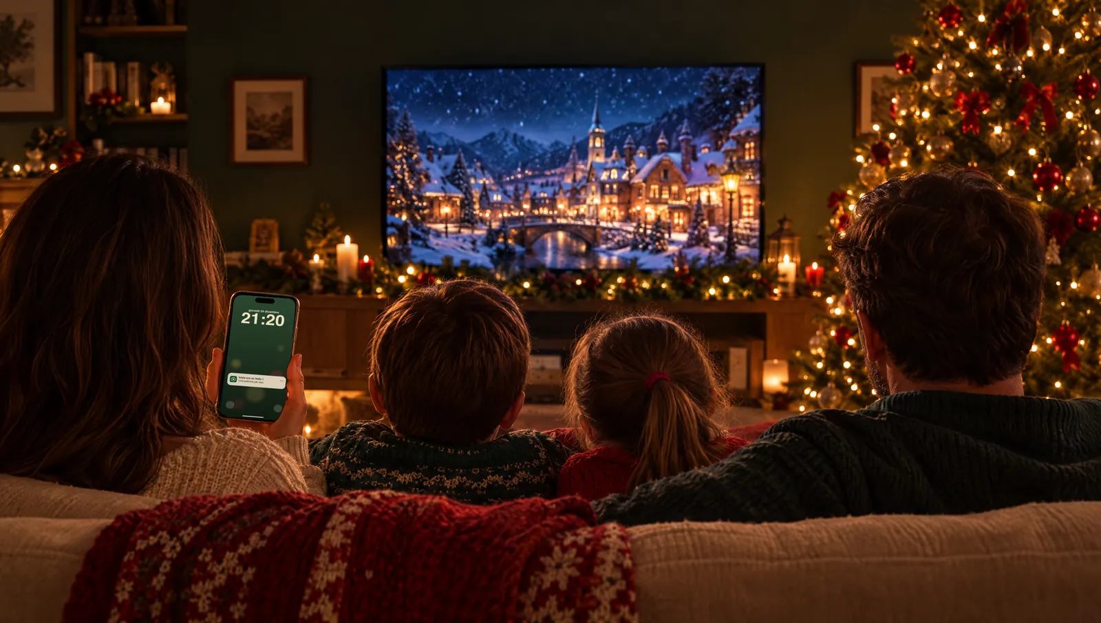 Una famiglia sul divano guarda un film di Natale in TV, accanto all'albero. La mamma ha sul telefono la notifica di Film di Natale: inizia ora su Italia 1.